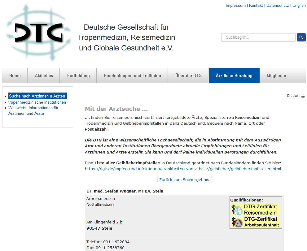 DTG-Zertifikate Reisemedizin Dr. med. Stefan Wagner, MHBA